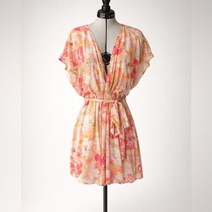 Free People flutter sleeve mini dress, Pink/Orange Floral, szS, EUC